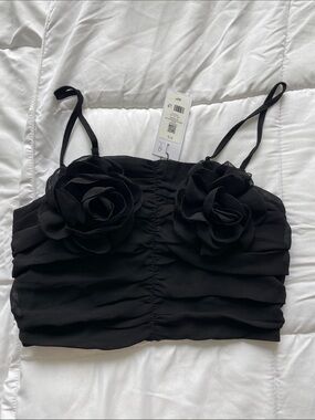 Dynamite Black Floral Appliqué Ruched Crop Cami Top